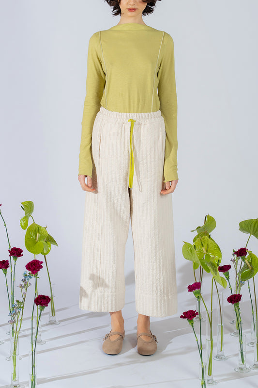 Pantaloni Milo in cotone riciclato con elastico in vita e coulisse regolabile - bianco Panna