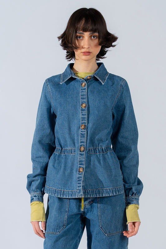 Overshirt Jeans Eva con coulisse in cotone riciclato - Blu washed