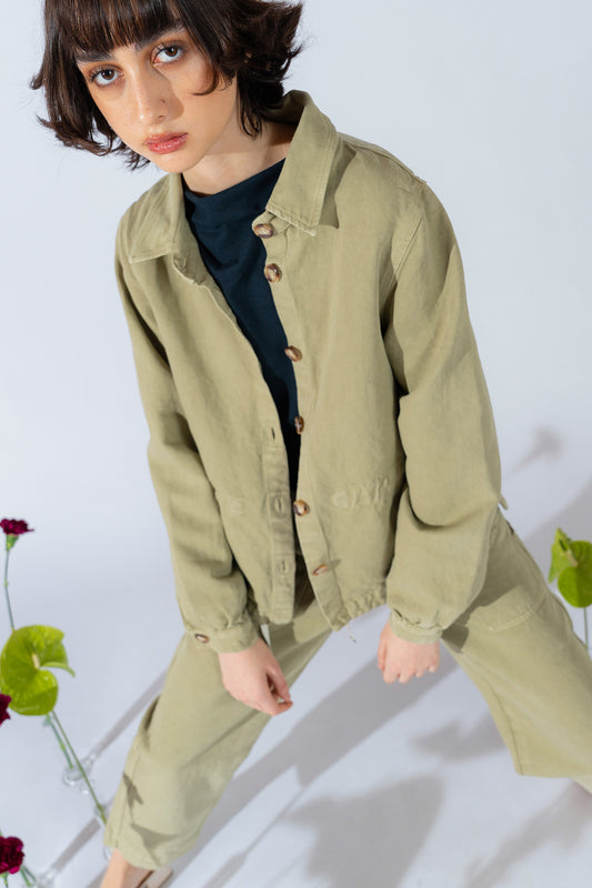 Overshirt Eva con coulisse in denim di Canapa - verde kiwi
