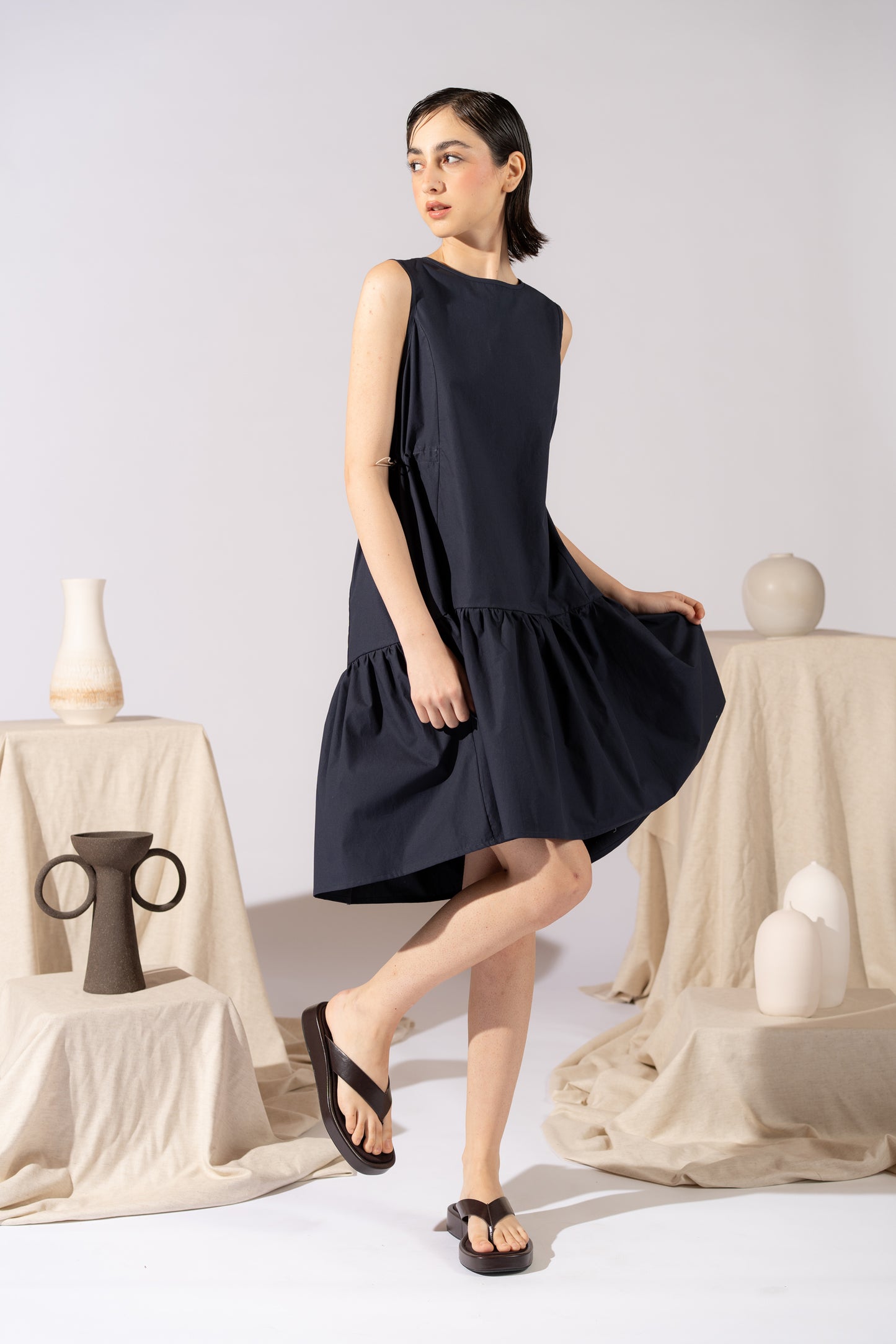 Vestito Dalia in cotone biologico con regolatori - Blu navy