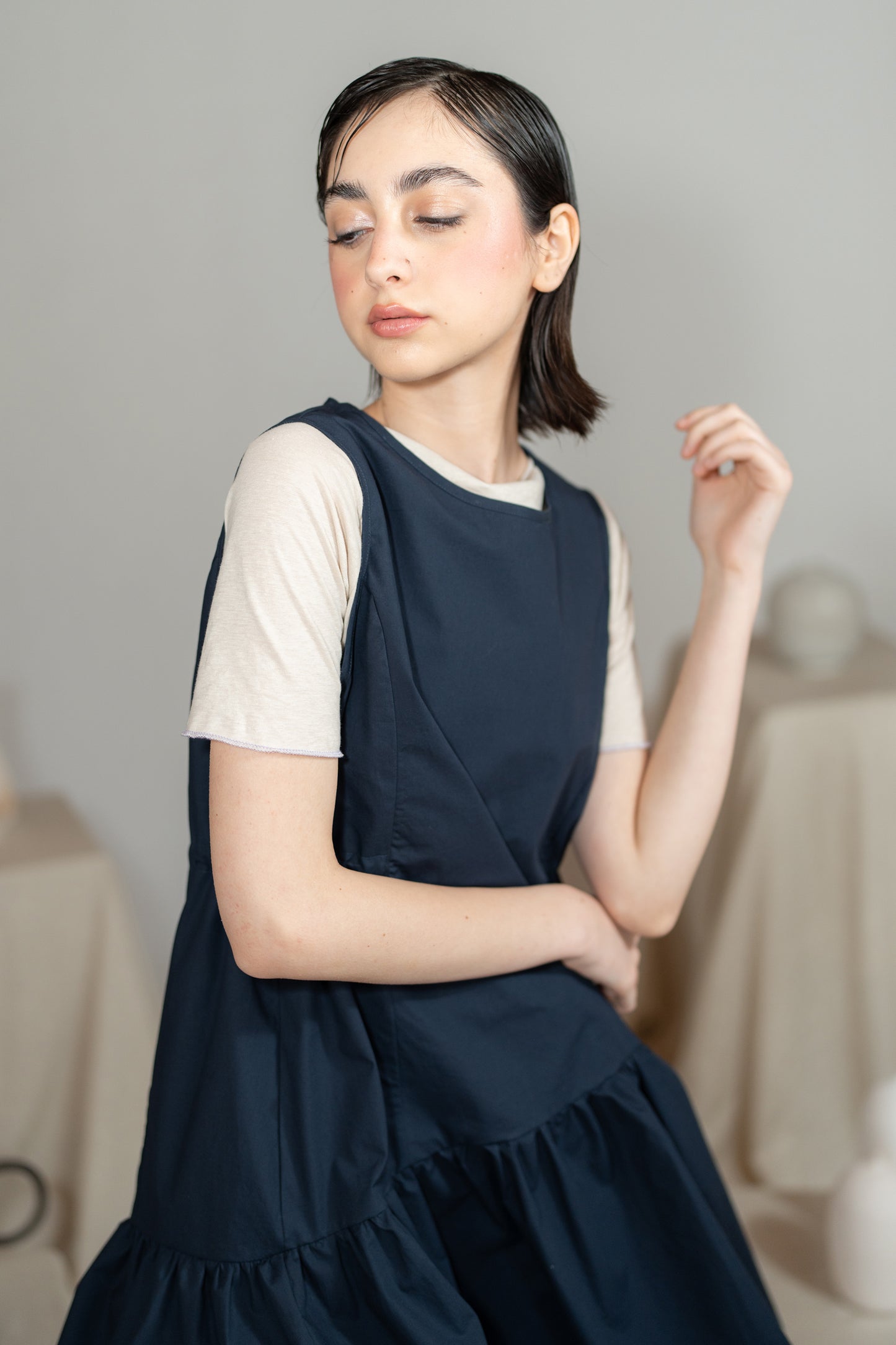 Vestito Dalia in cotone biologico con regolatori - Blu navy