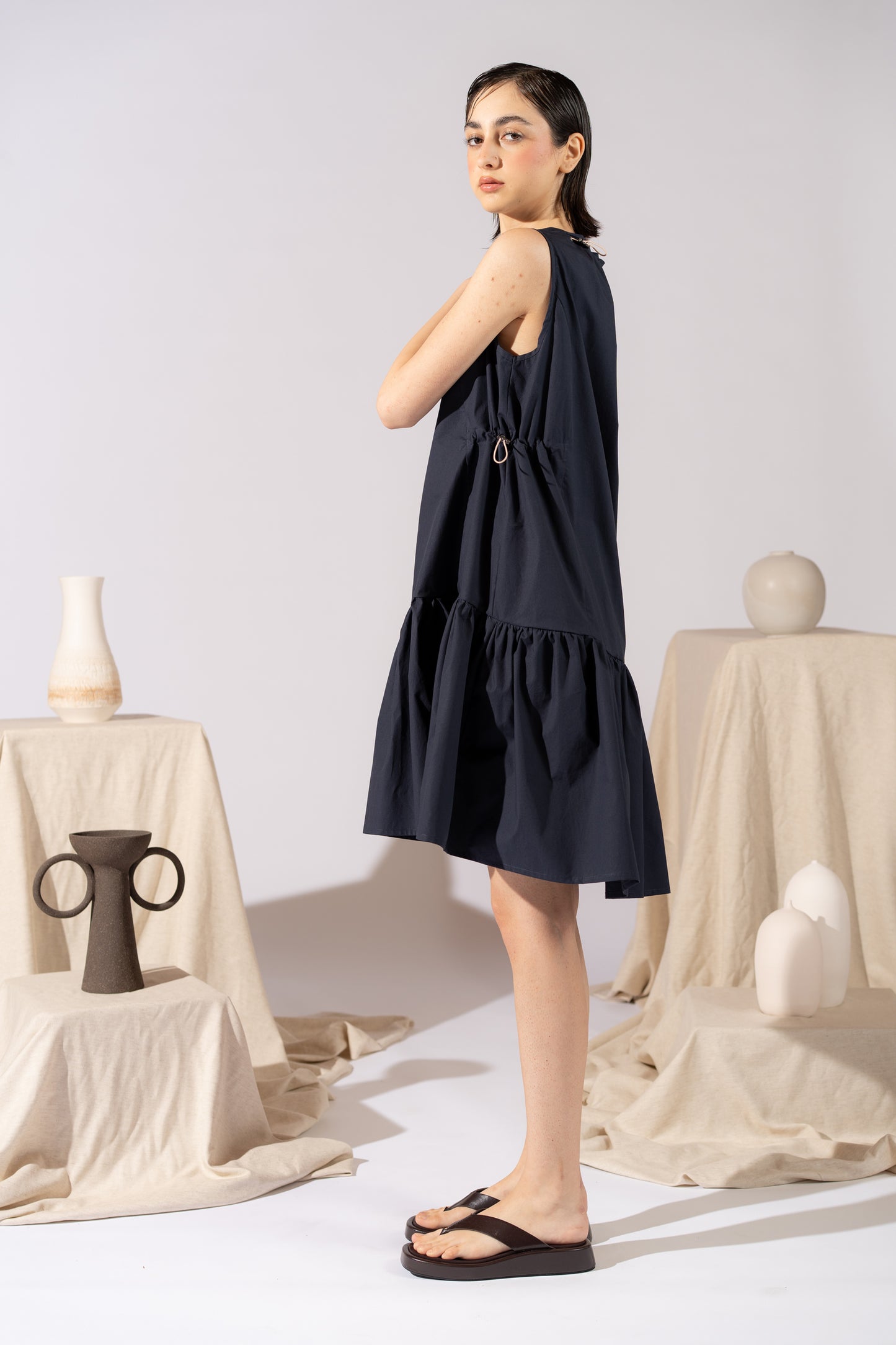 Vestito Dalia in cotone biologico con regolatori - Blu navy